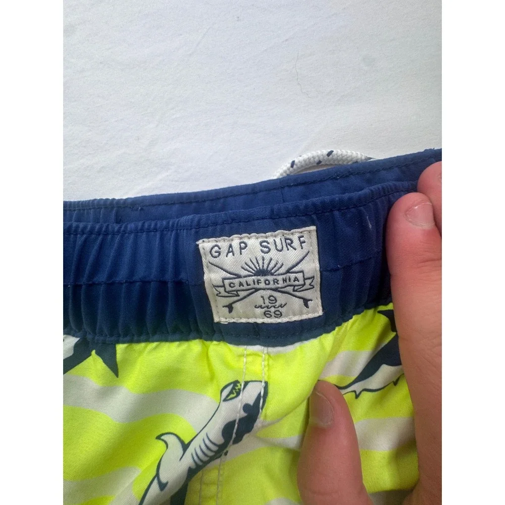 Gap Kids Boys Shark Print Swim Trunks Safety Yellow Striped XL 12 Beach vacation